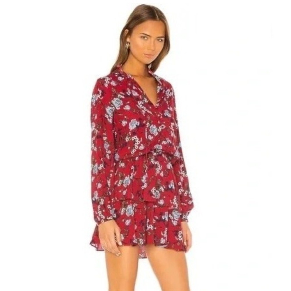 Yumi Kim Red Floral Ruffle Tiered Mini Dress Long Sleeve Smocked Waist Size‎ S